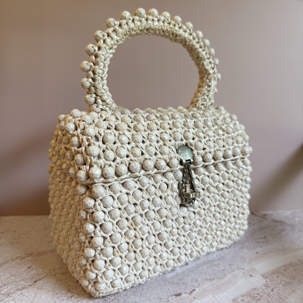 Vintage Japan White Raffia Box Purse Hand Knotted Faceted Beaded Handle Handbag